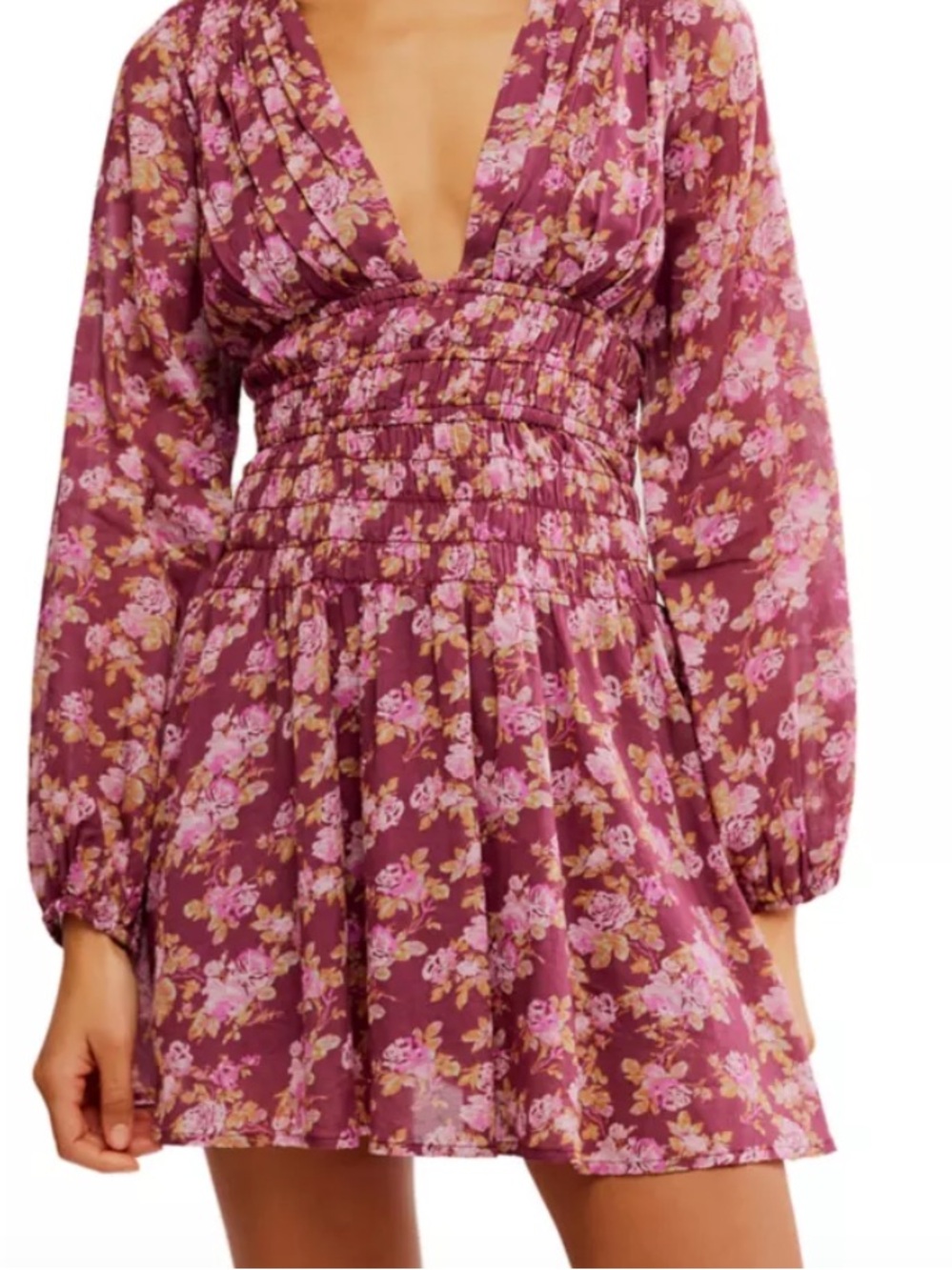 Free People Plum Floral Smocked Waist Mini Dress